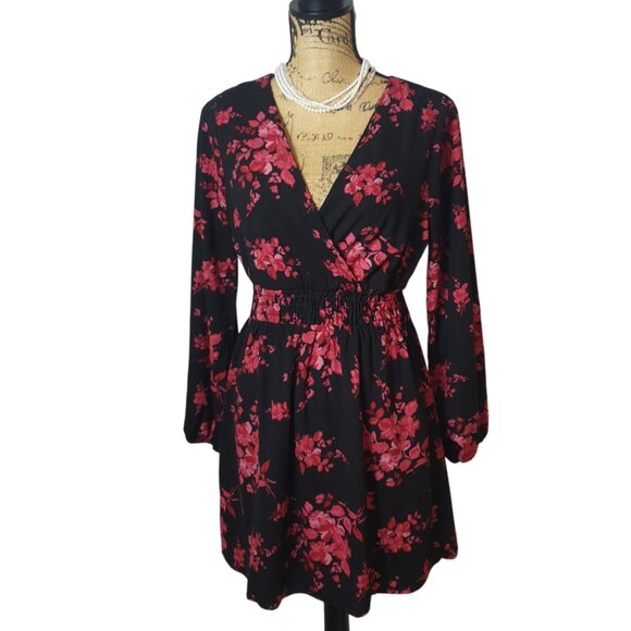 Speechless Womens Wrap Dress M Black Pink Chic Elastic Waist Cottage LS Resort - Picture 1 of 6